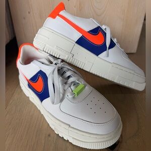 Nike Air Force 1 pixel  White Sneakers with Blue and Orange Accents size 8.5